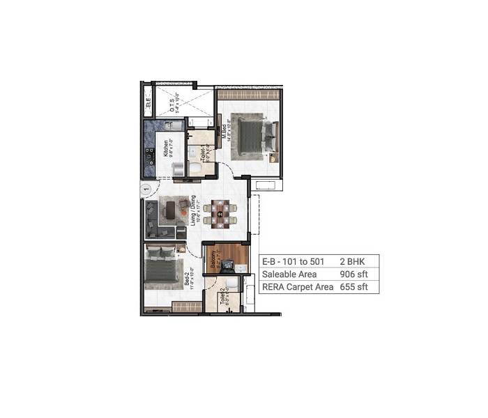Floor plan of 2 BHK 906 Sq. Ft. Apartment in Kochar Gagan, Chennai