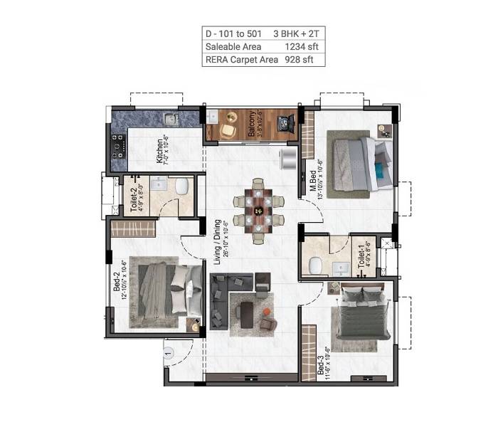 Floor plan of 3 BHK 1234 Sq. Ft. Apartment in Kochar Gagan, Chennai