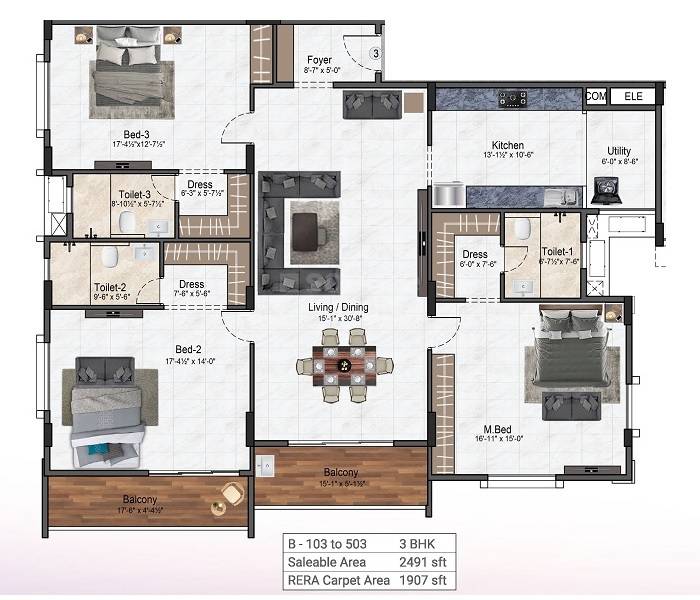 Floor plan of 3 BHK 2491 Sq. Ft. Apartment in Kochar Gagan, Chennai