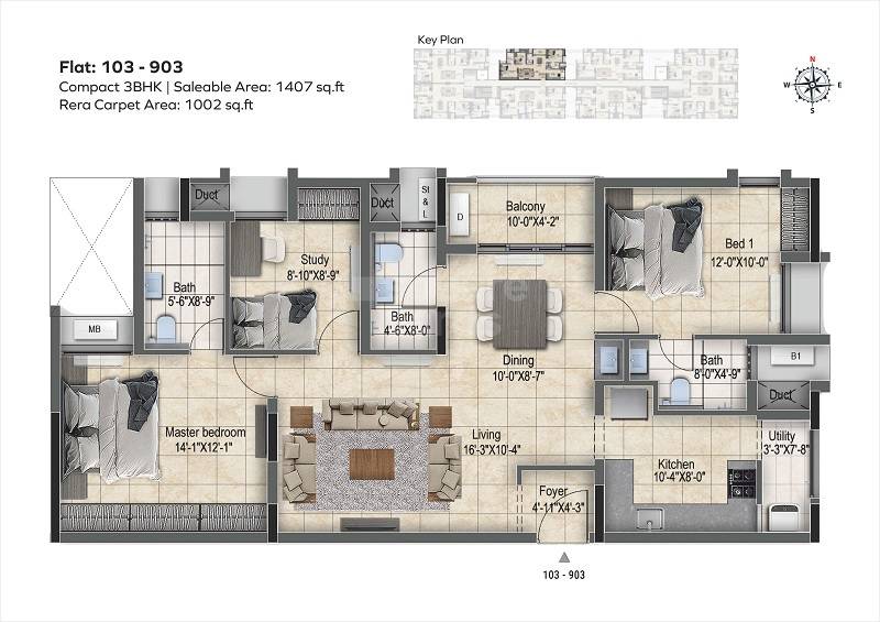 Floor plan of 3 BHK 1407 Sq. Ft. Apartment in Krishna Elevaar, Chennai