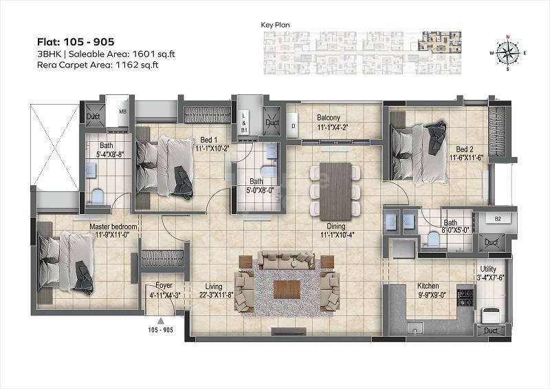 Floor plan of 3 BHK 1601 Sq. Ft. Apartment in Krishna Elevaar, Chennai