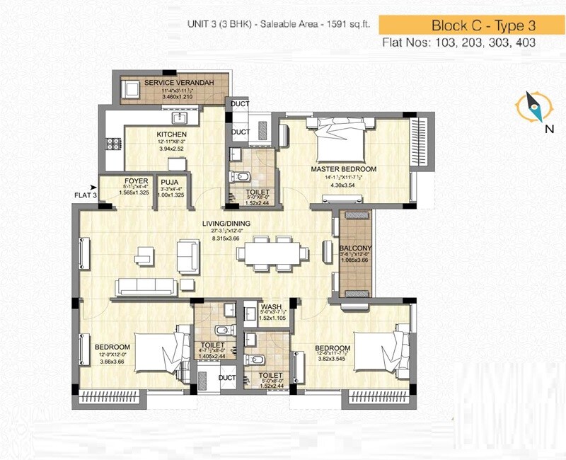 Floor plan of 3 BHK 1591 Sq. Ft. Apartment in Krishna Mithila, Chennai