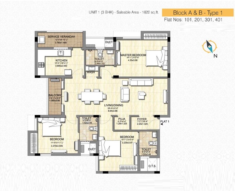 Floor plan of 3 BHK 1622 Sq. Ft. Apartment in Krishna Mithila, Chennai