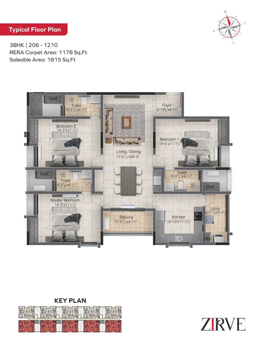 Floor plan of 3 BHK 1815 Sq. Ft. Apartment in Krishna Zirve, Chennai