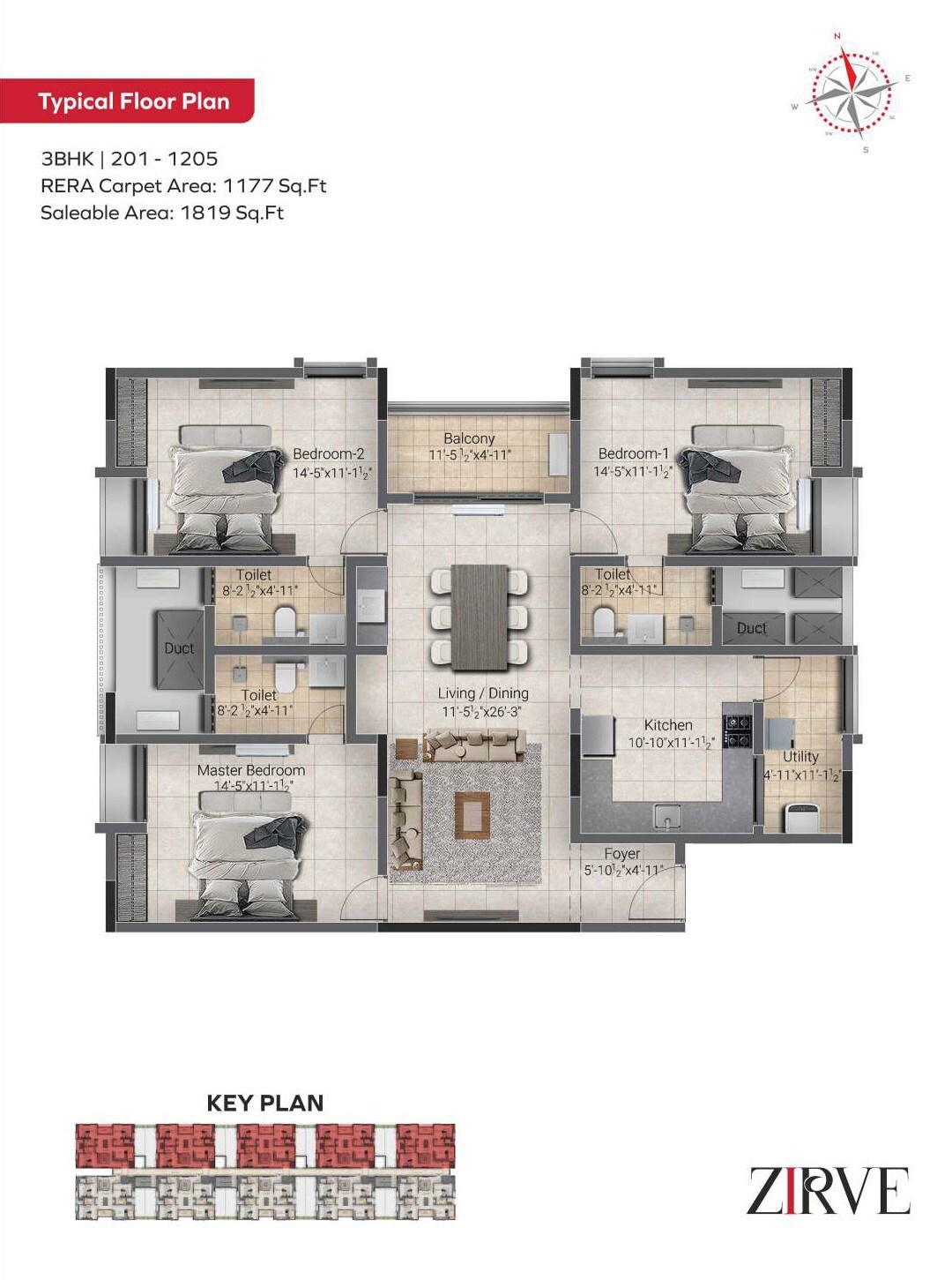 Floor plan of 3 BHK 1819 Sq. Ft. Apartment in Krishna Zirve, Chennai