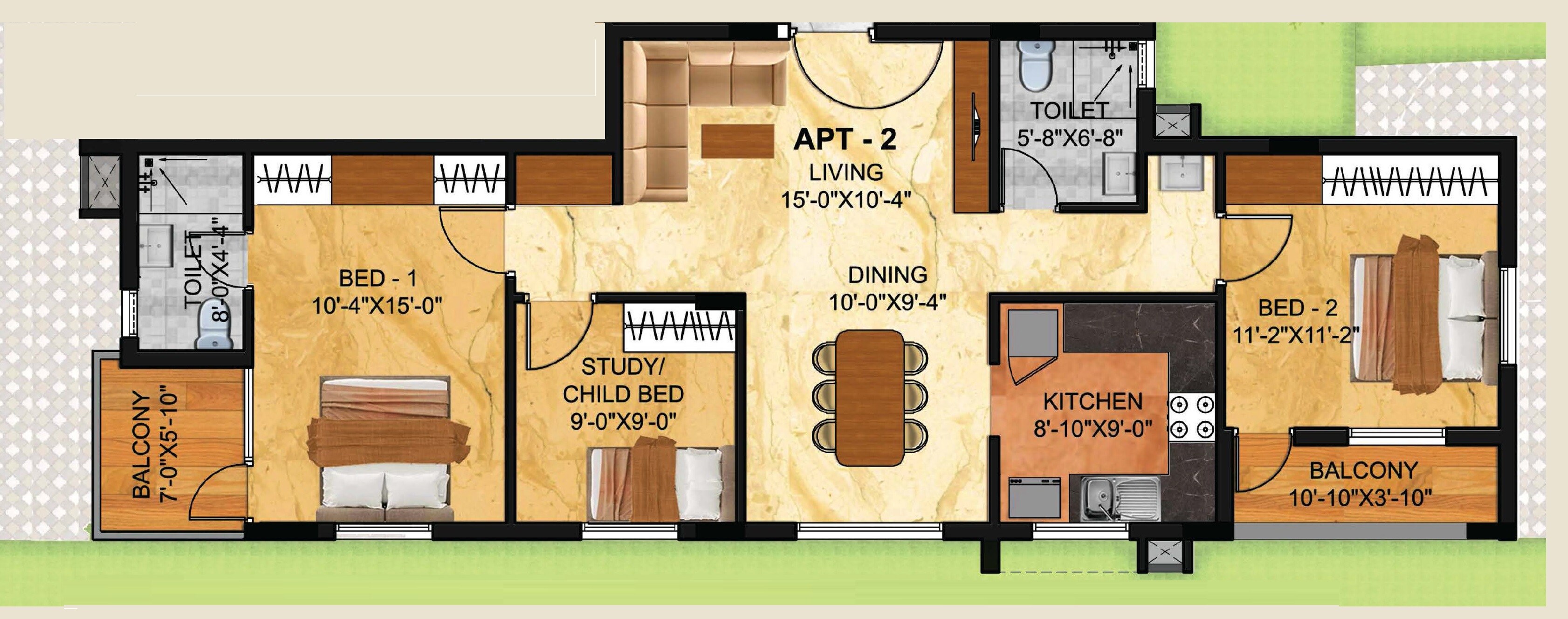 Floor plan of 2 BHK 1234 Sq. Ft. Apartment in Kriya Sankalp, Chennai
