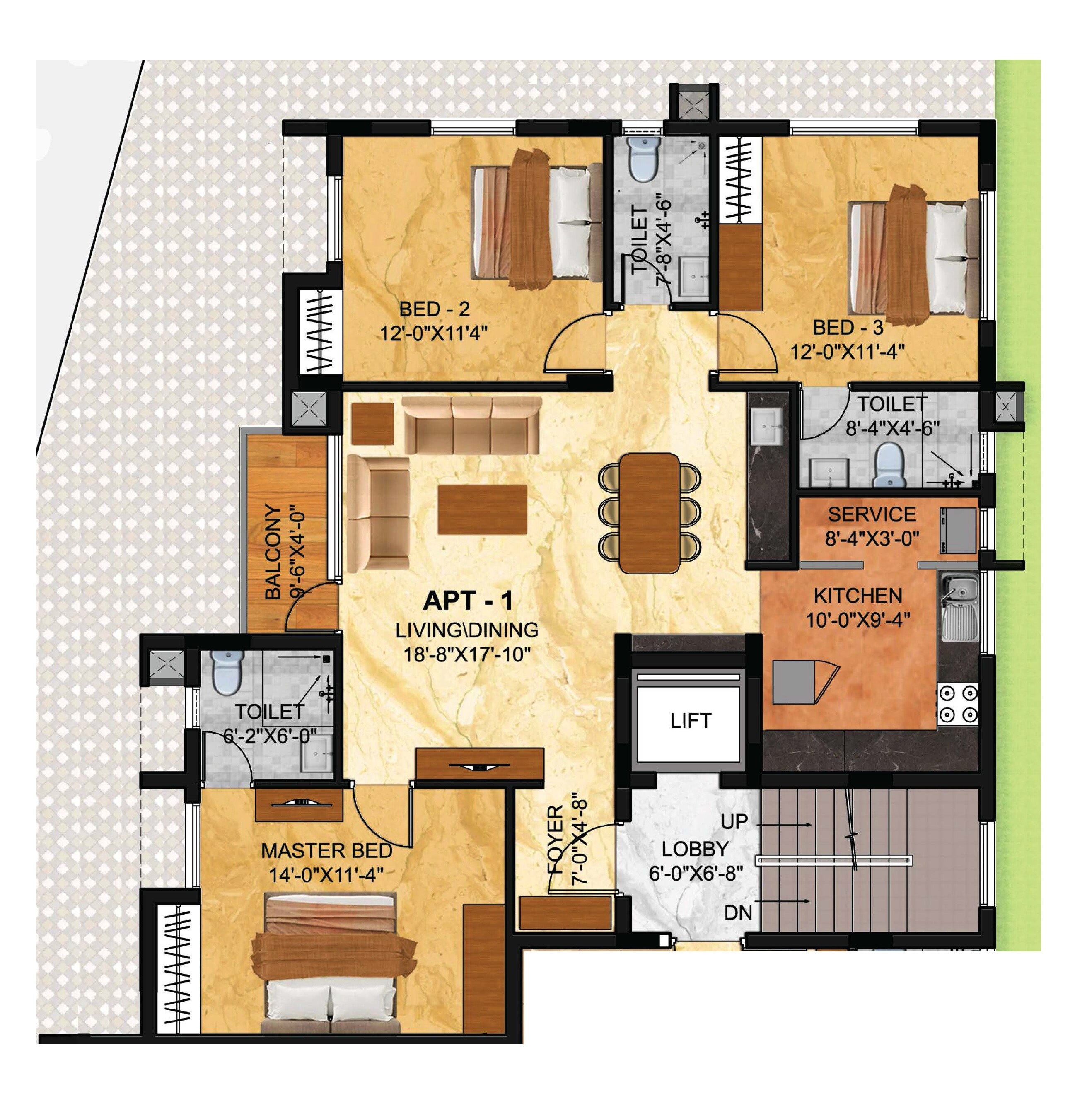 Floor plan of 3 BHK 1467 Sq. Ft. Apartment in Kriya Sankalp, Chennai