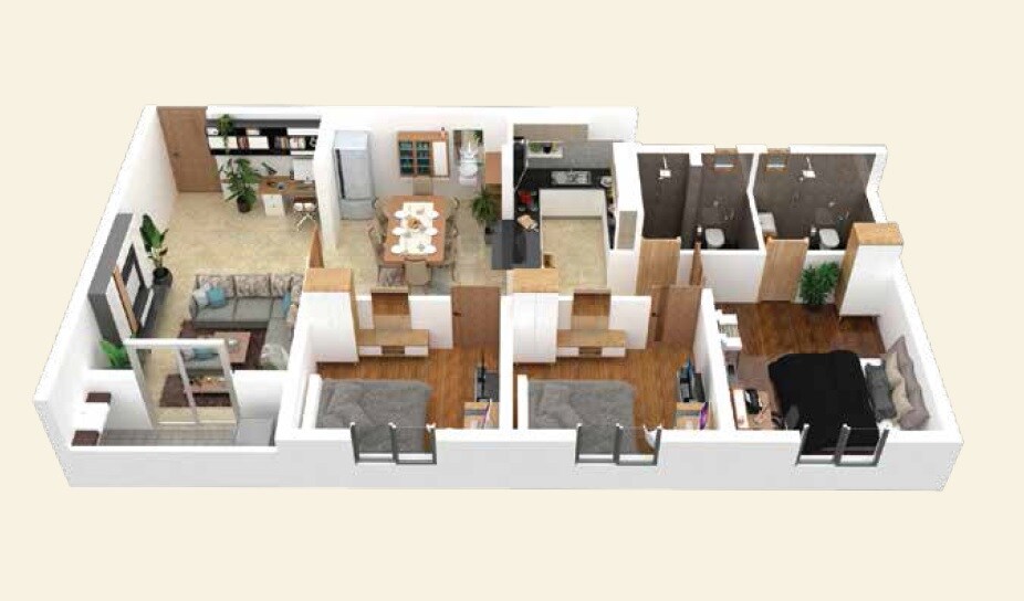 Floor plan of 3 BHK 1310 Sq. Ft. Apartment in L And T SSM Nagar, Chennai