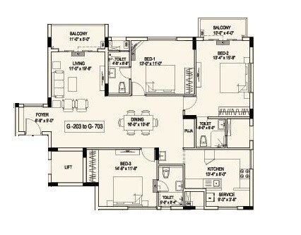 Floor plan of 3 BHK 1800 Sq. Ft. Apartment in Lakshmi Bharat Residency, Chennai