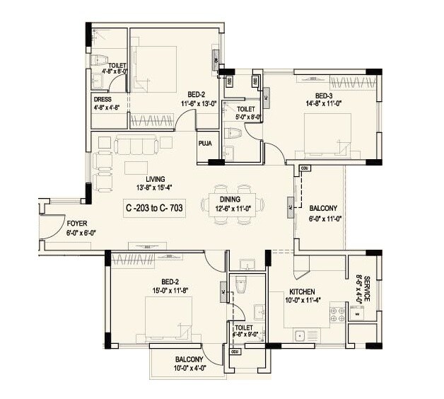 Floor plan of 3 BHK 1809 Sq. Ft. Apartment in Lakshmi Bharat Residency, Chennai