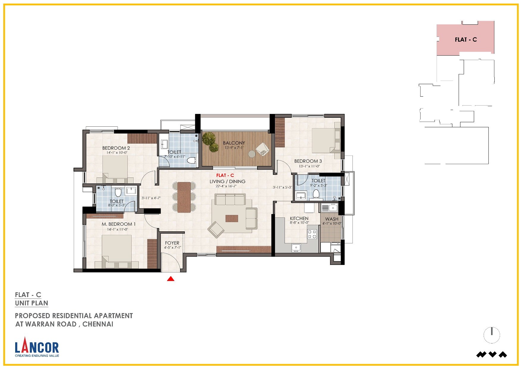 Floor plan of 3 BHK 1771 Sq. Ft. Apartment in Lancor Ananya, Chennai