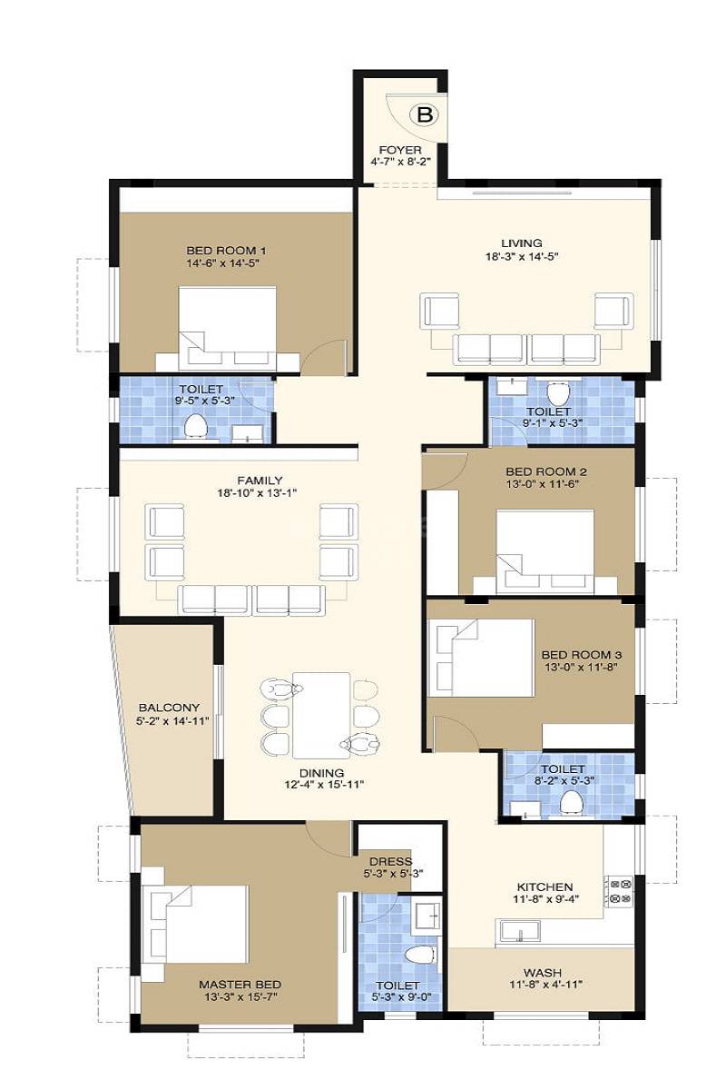 Floor plan of 4 BHK 2570 Sq. Ft. Apartment in Lancor Homeleigh, Chennai