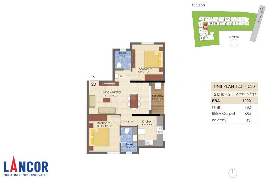 Floor plan of 2 BHK 1000 Sq. Ft. Apartment in Lancor Infinys, Chennai