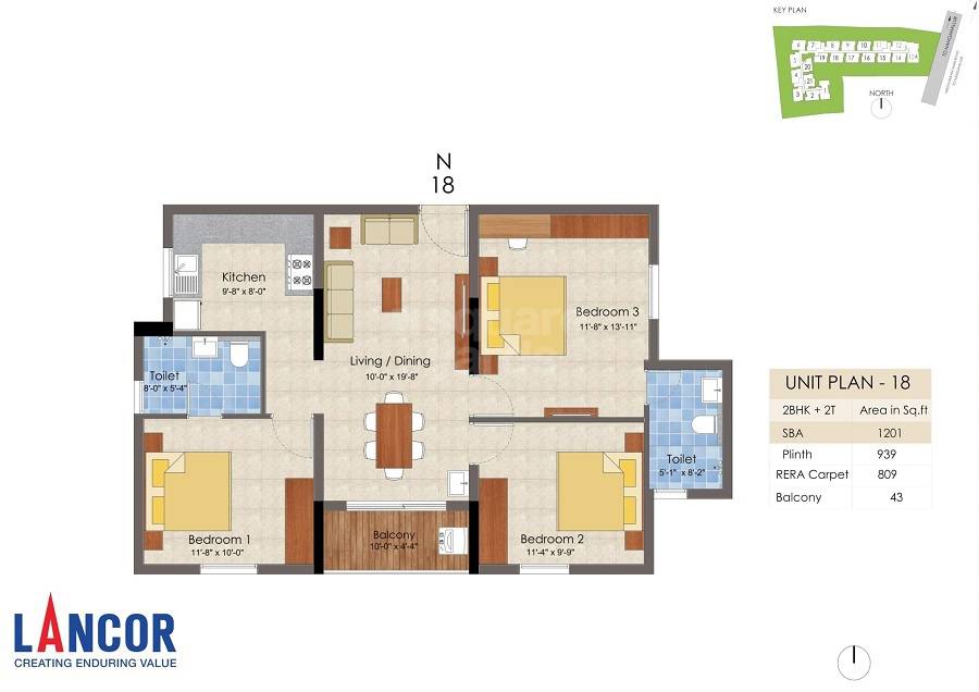 Floor plan of 2 BHK 1201 Sq. Ft. Apartment in Lancor Infinys, Chennai