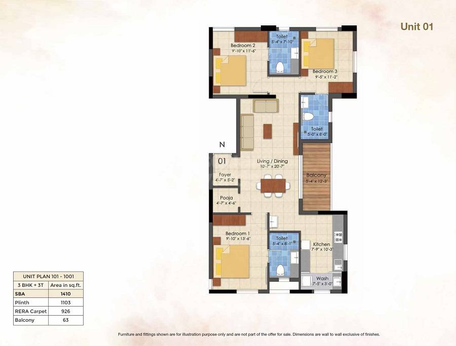 Floor plan of 3 BHK 1410 Sq. Ft. Apartment in Lancor Infinys, Chennai