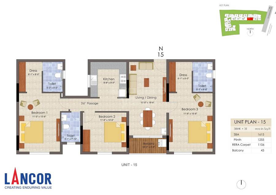 Floor plan of 3 BHK 1615 Sq. Ft. Apartment in Lancor Infinys, Chennai