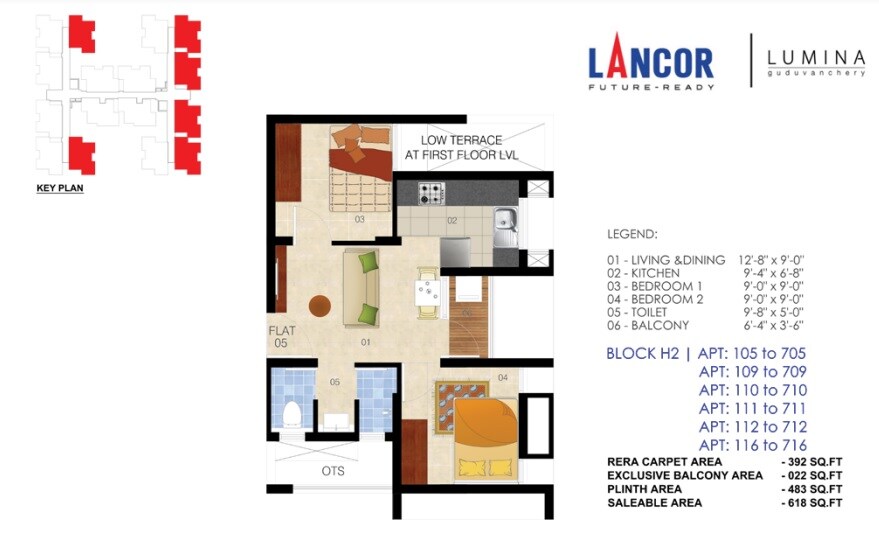 Floor plan of 2 BHK 618 Sq. Ft. Apartment in Lancor Lumina 2020, Chennai