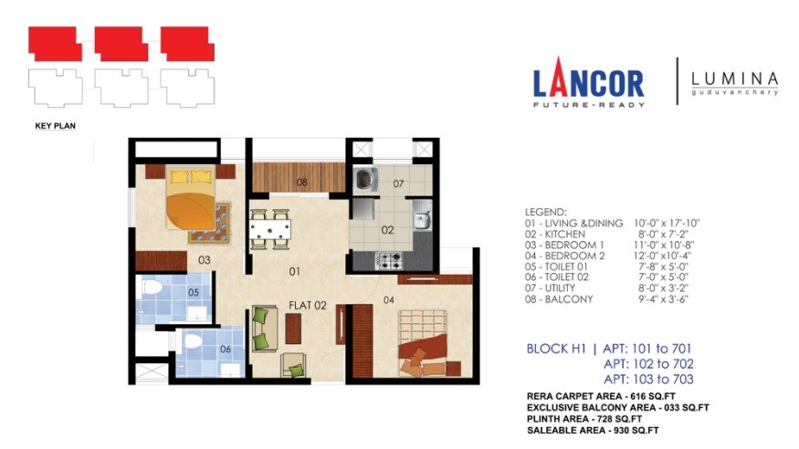 Floor plan of 2 BHK 930 Sq. Ft. Apartment in Lancor Lumina 2020, Chennai