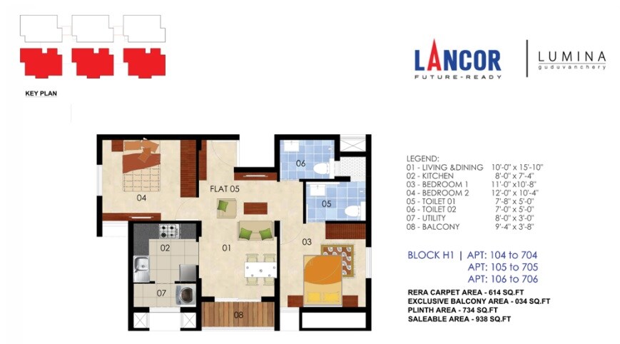 Floor plan of 2 BHK 938 Sq. Ft. Apartment in Lancor Lumina 2020, Chennai
