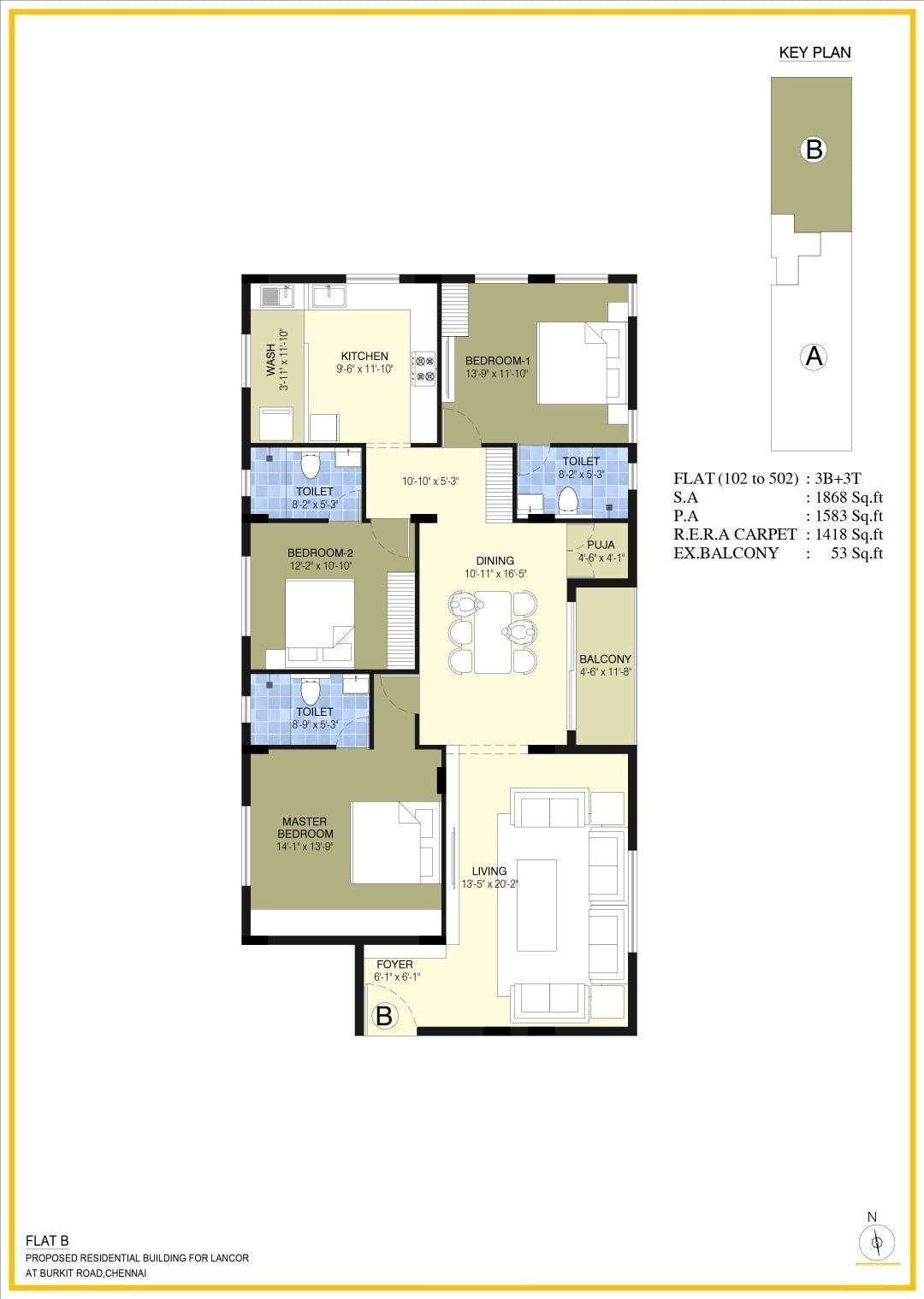 Floor plan of 3 BHK 1868 Sq. Ft. Apartment in Lancor Sahana, Chennai
