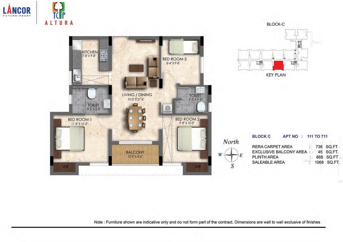 Floor plan of 2 BHK 1068 Sq. Ft. Apartment in Lancor TCP Altura, Chennai