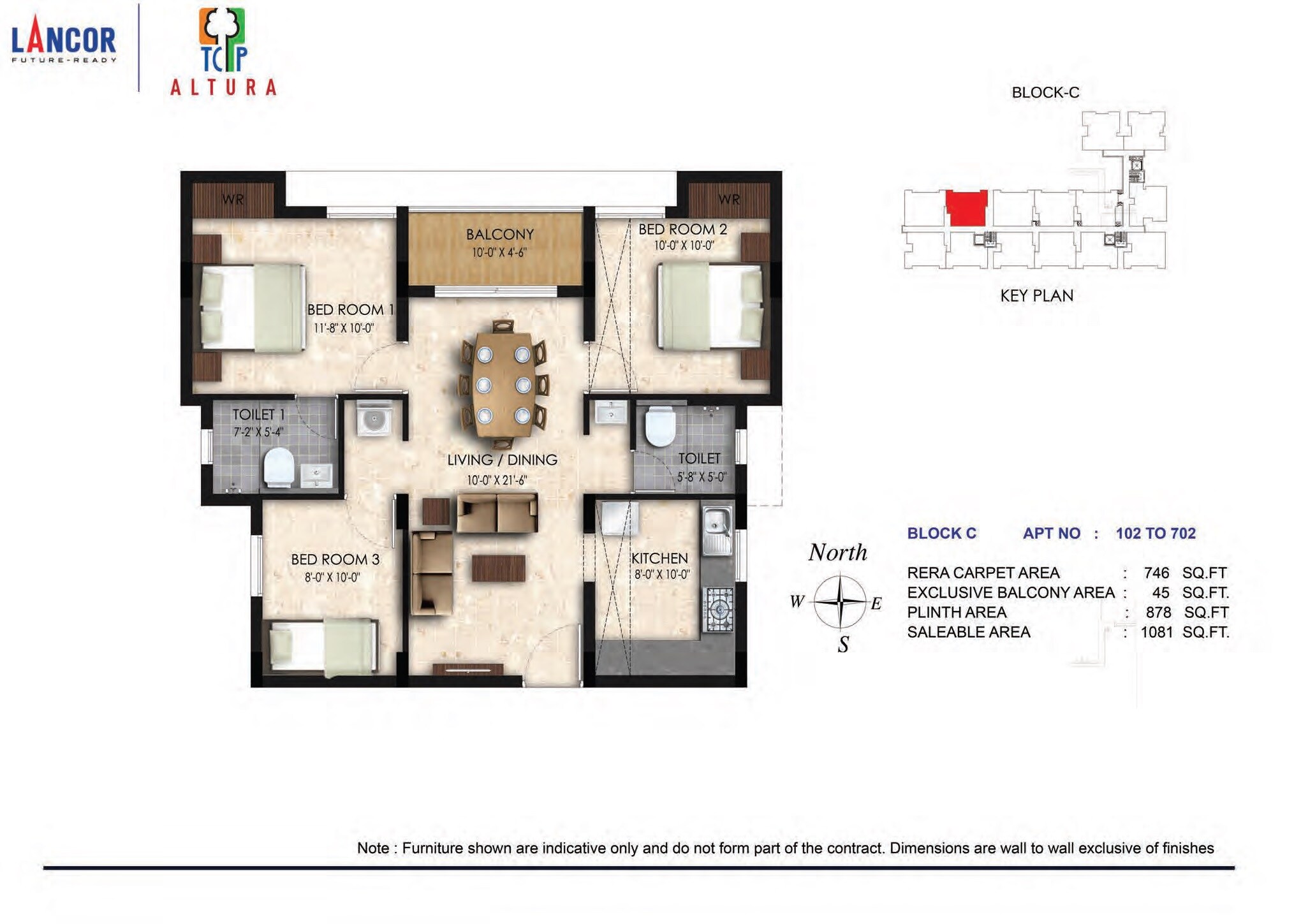 Floor plan of 2 BHK 1081 Sq. Ft. Apartment in Lancor TCP Altura, Chennai
