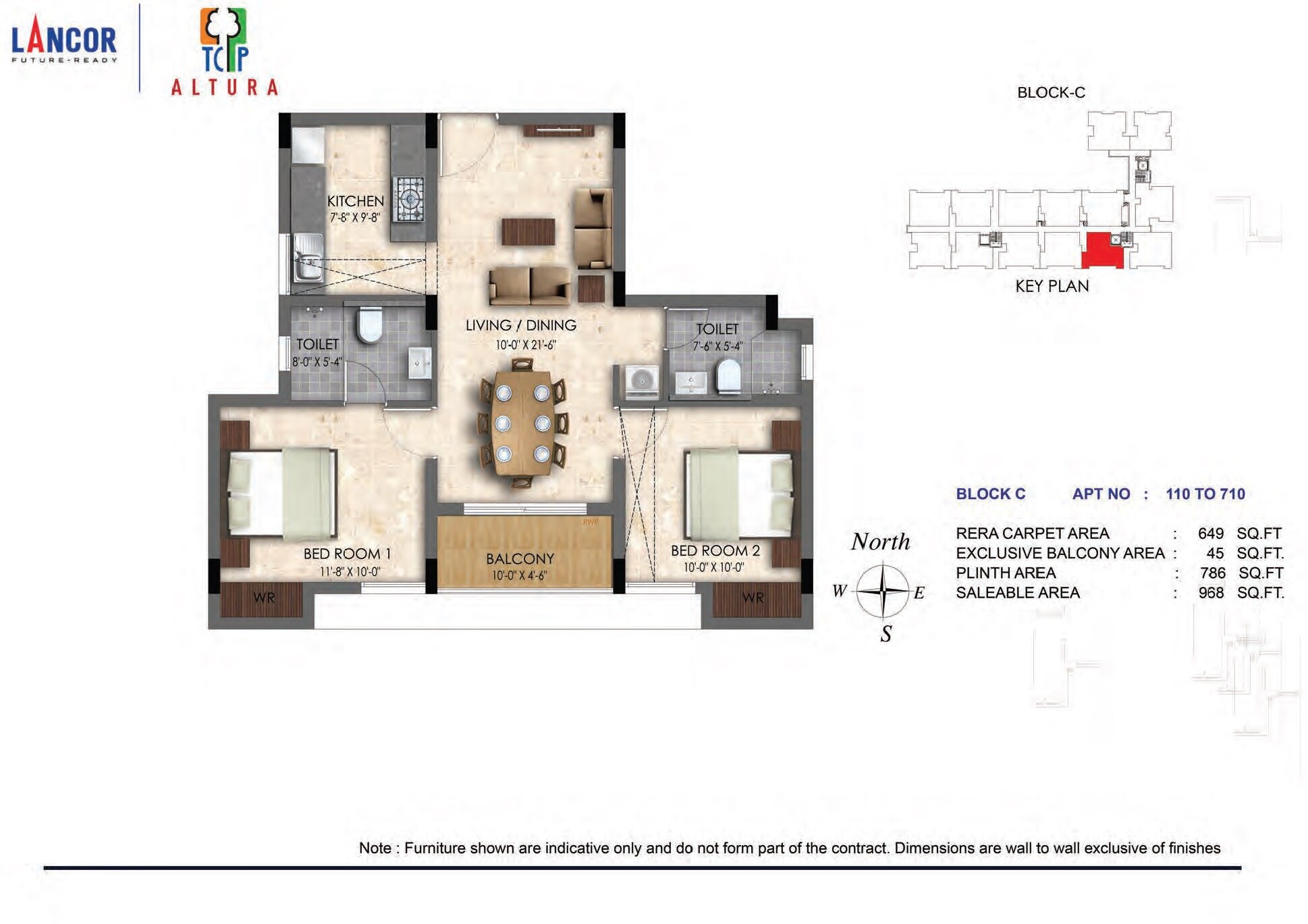 Floor plan of 2 BHK 968 Sq. Ft. Apartment in Lancor TCP Altura, Chennai