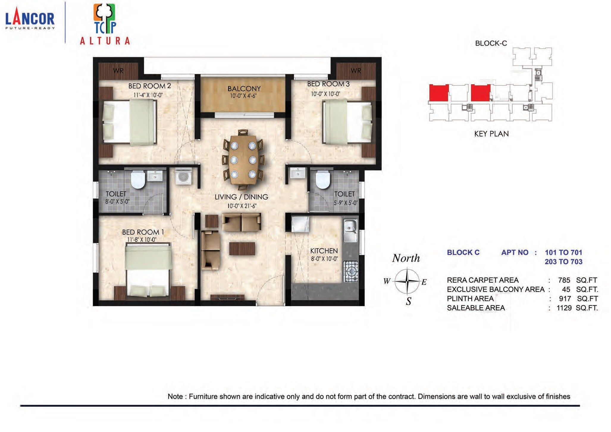 Floor plan of 3 BHK 1129 Sq. Ft. Apartment in Lancor TCP Altura, Chennai