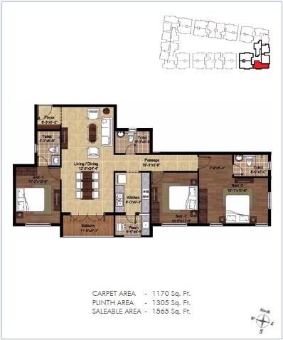 Floor plan of 3 BHK 1565 Sq. Ft. Apartment in Lancor TCP Lakefront, Chennai
