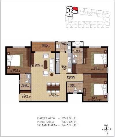 Floor plan of 3 BHK 1645 Sq. Ft. Apartment in Lancor TCP Lakefront, Chennai