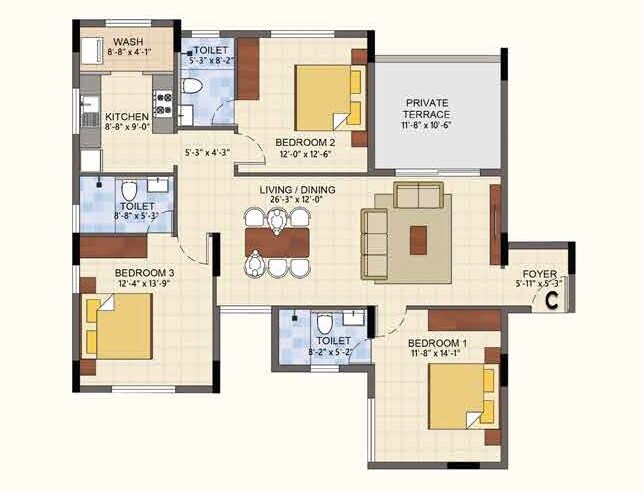 Floor plan of 3 BHK Apartment - 1635 sq. ft. in Lancor The Summit, Chennai