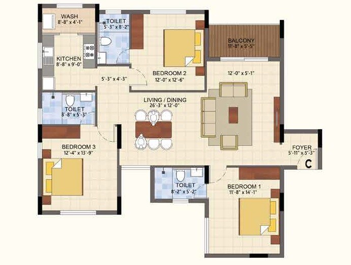 Floor plan of 3 BHK Apartment - 1800 sq. ft. in Lancor The Summit, Chennai