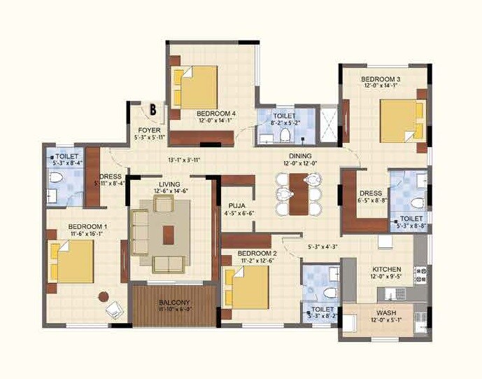 Floor plan of 4 BHK 2388 Sq. Ft. Apartment in Lancor The Summit, Chennai