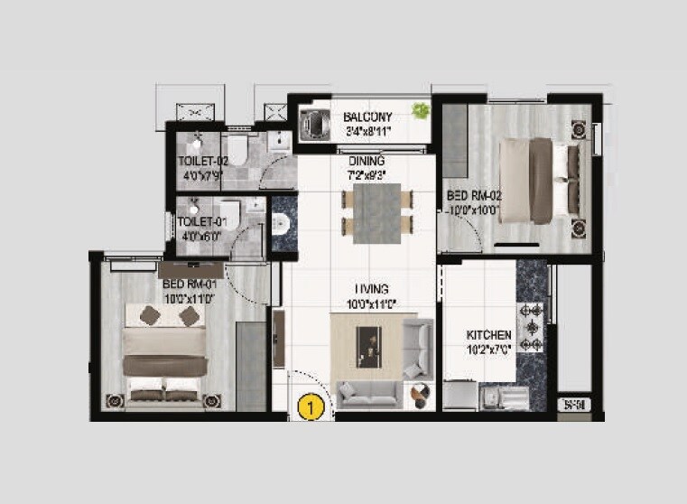 Floor plan of 2 BHK 820 Sq. Ft. Apartment in Lifestyle Le Paradise, Chennai