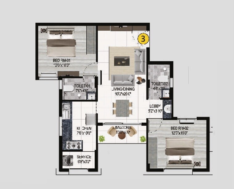 Floor plan of 2 BHK 986 Sq. Ft. Apartment in Lifestyle Le Paradise, Chennai