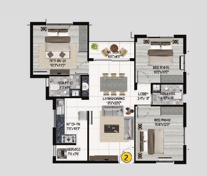 Floor plan of 3 BHK 1171 Sq. Ft. Apartment in Lifestyle Le Paradise, Chennai