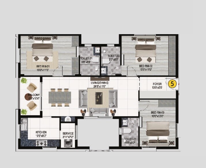 Floor plan of 3 BHK 1635 Sq. Ft. Apartment in Lifestyle Le Paradise, Chennai