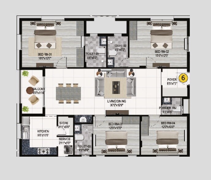 Floor plan of 4 BHK 1961 Sq. Ft. Apartment in Lifestyle Le Paradise, Chennai