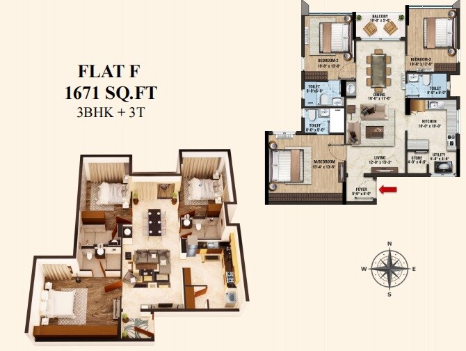 Floor plan of 3 BHK 1671 Sq. Ft. Apartment in Lifestyle Vardaan, Chennai