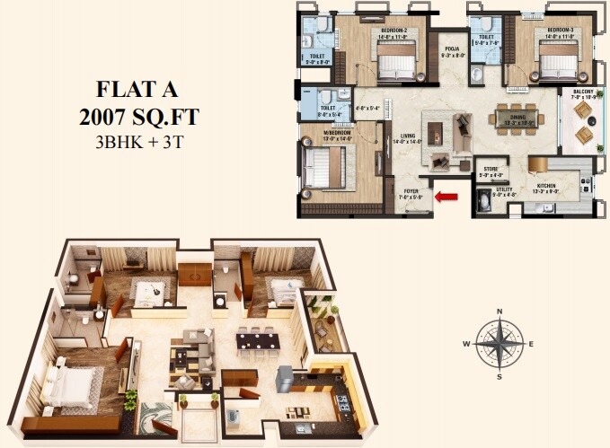 Floor plan of 3 BHK 2007 Sq. Ft. Apartment in Lifestyle Vardaan, Chennai