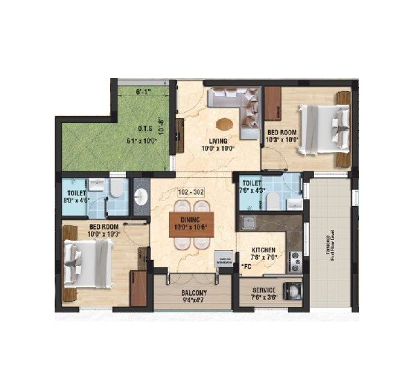 Floor plan of 2 BHK 1063 Sq. Ft. Apartment in LML Iconia, Chennai