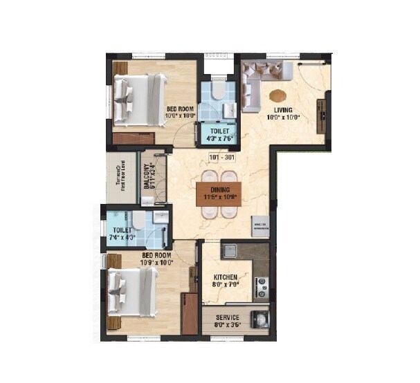 Floor plan of 2 BHK 822 Sq. Ft. Apartment in LML Iconia, Chennai