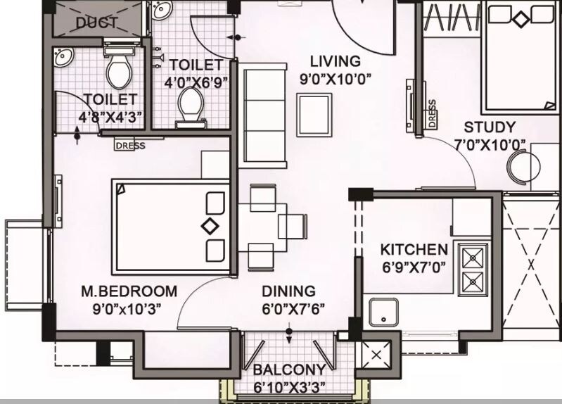Floor plan of 2 BHK 600 Sq. Ft. Apartment in LML Prakriti, Chennai