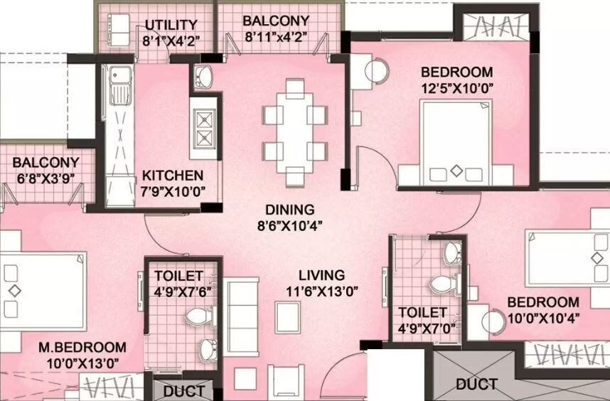Floor plan of 2 BHK 1310 Sq. Ft. Apartment in LML Prakriti, Chennai