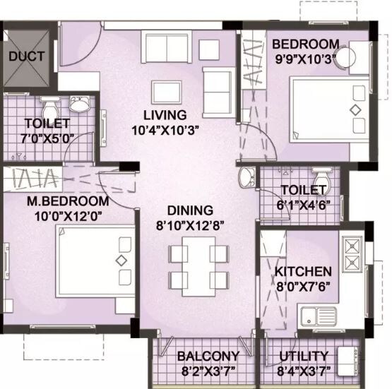 Floor plan of 2 BHK 904 Sq. Ft. Apartment in LML Prakriti, Chennai