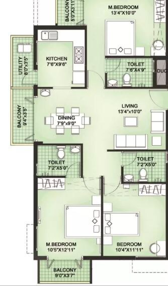 Floor plan of 3 BHK 1320 Sq. Ft. Apartment in LML Prakriti, Chennai