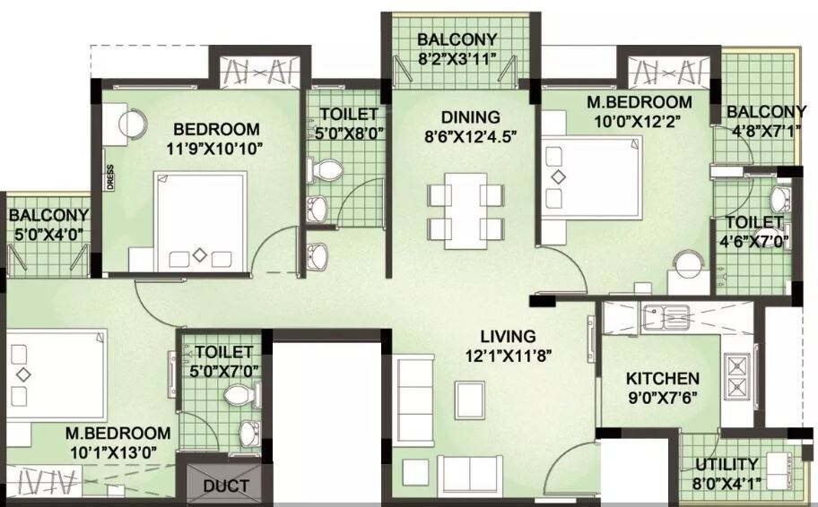 Floor plan of 3 BHK 1438 Sq. Ft. Apartment in LML Prakriti, Chennai
