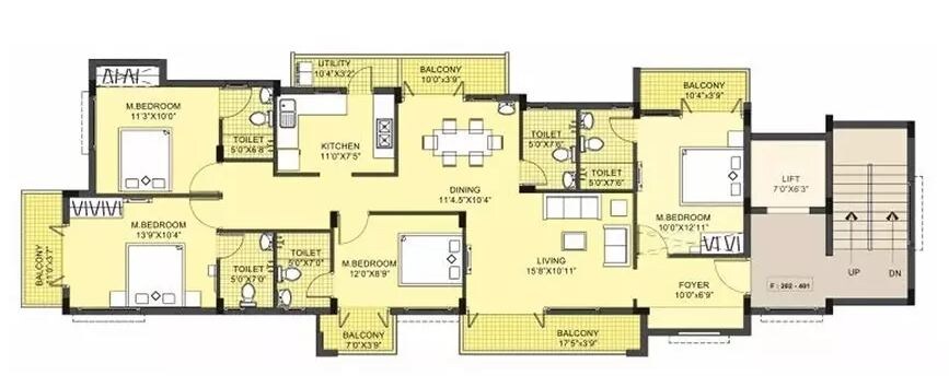Floor plan of 4 BHK 2019 Sq. Ft. Apartment in LML Prakriti, Chennai