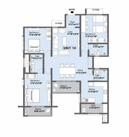 Floor plan of 3 BHK 1655 Sq. Ft. Apartment in LnT Eden Park Phase 2, Chennai