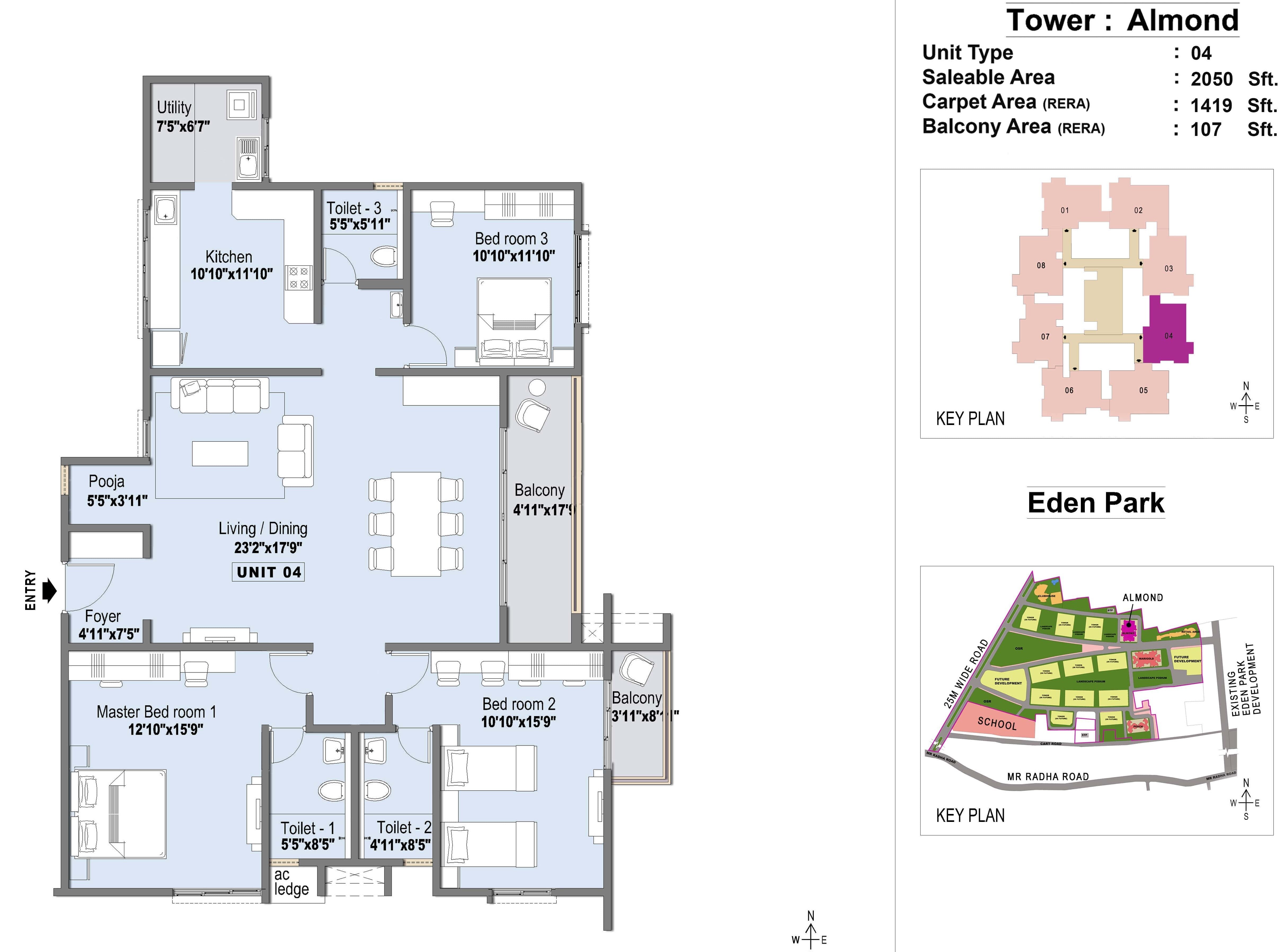 Floor plan of 3 BHK 2050 Sq. Ft. Apartment in LnT Eden Park Phase 2, Chennai